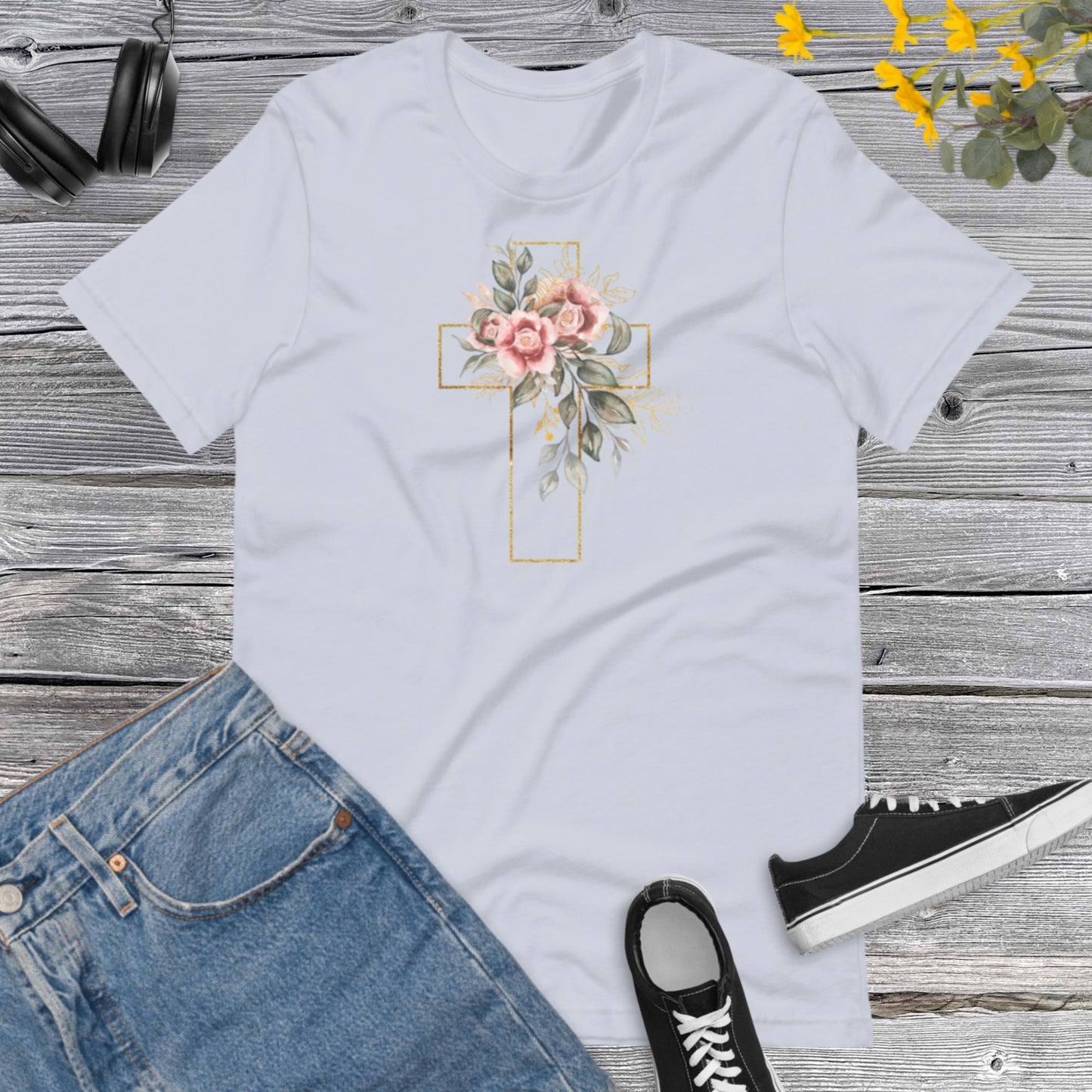 Cross Flower, Watercolor Golden Cross Pink Flowers,  Floral Tee for Women, Christian Gift Shirt, Floral Cross Graphic Unisex t-shirt