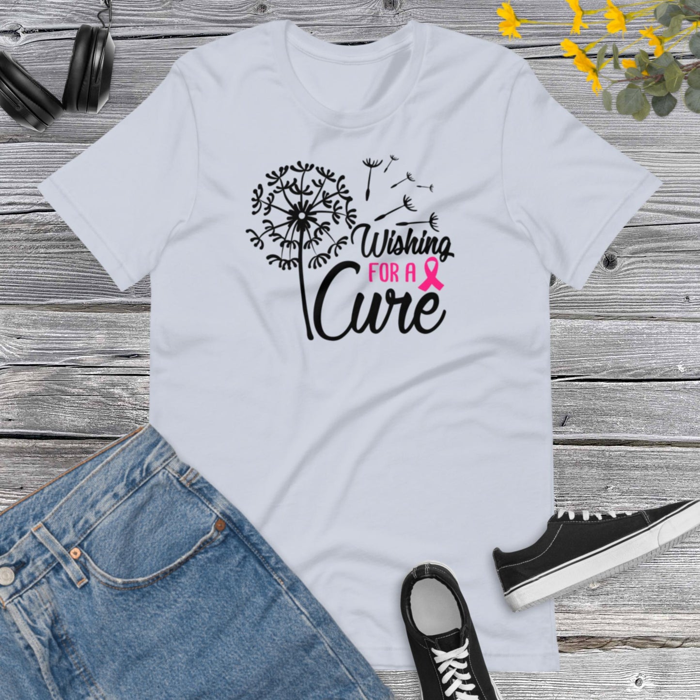 Wishing for a Cure, Breast Cancer Awareness, Team Cancer, Motivational, Pink Ribbon, In October We Wear Pink Unisex t-shirt