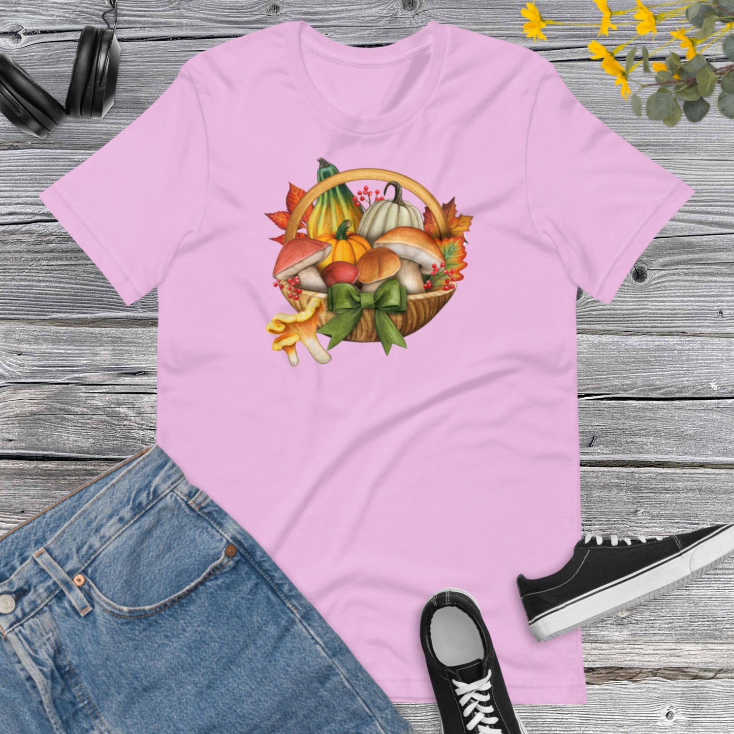 Watercolor Pumpkins and Mushroom, Basket Pretty Fall Watercolor Pumpkins, Hello Fall, Mushroom and Pumpkins Design Unisex t-shirt