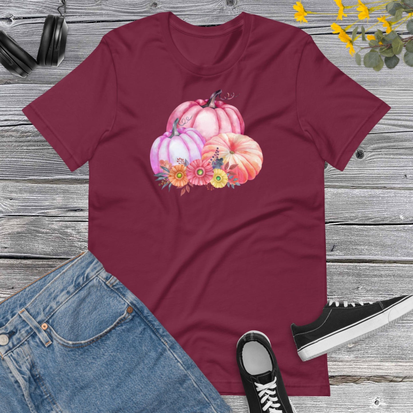 Watercolor Pumpkins Flowers, Pretty Fall Watercolor Pumpkins, Hello Fall, Pink and Orange Pumpkins Design Unisex t-shirt