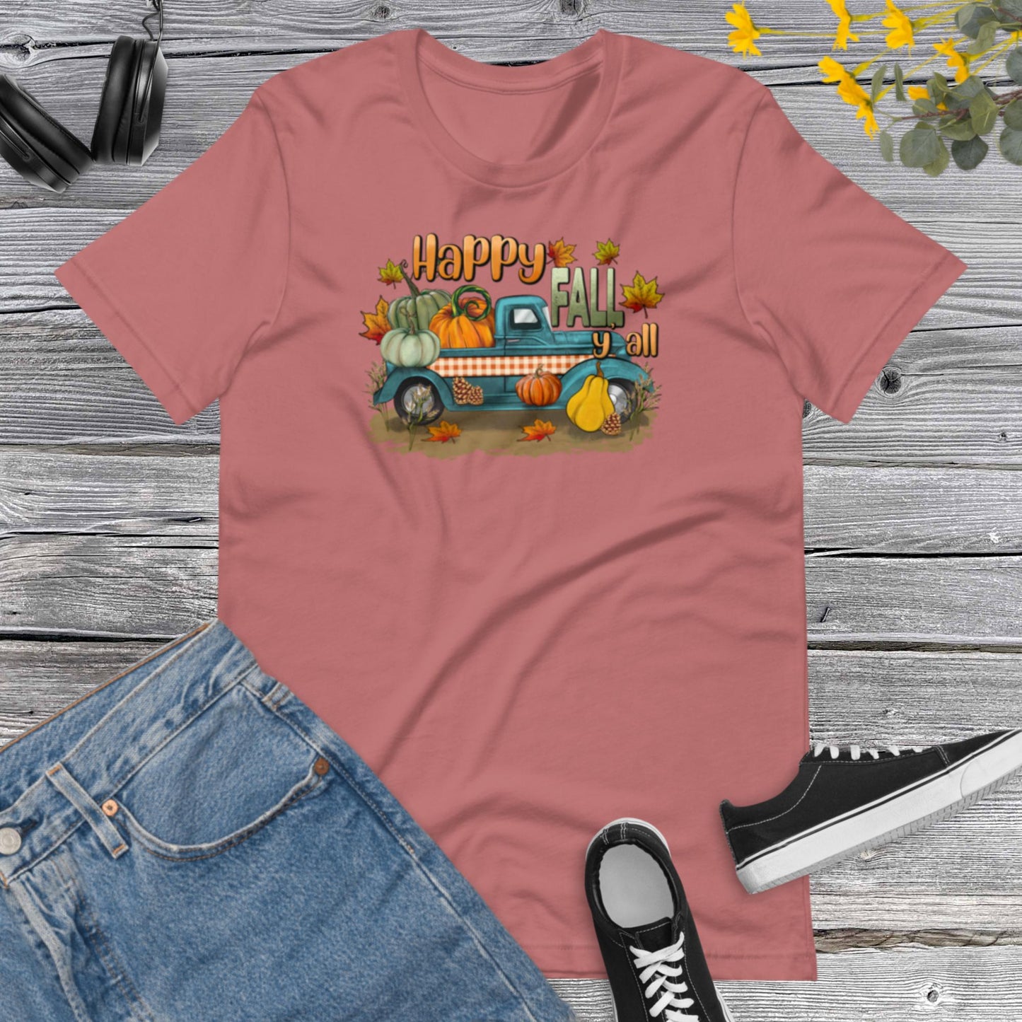 Happy Fall Y all, Fall Harvest on pickup Truck, Fall  Truck, Flowers Pumpkin, Thanksgiving, Pumpkins Unisex t-shirt