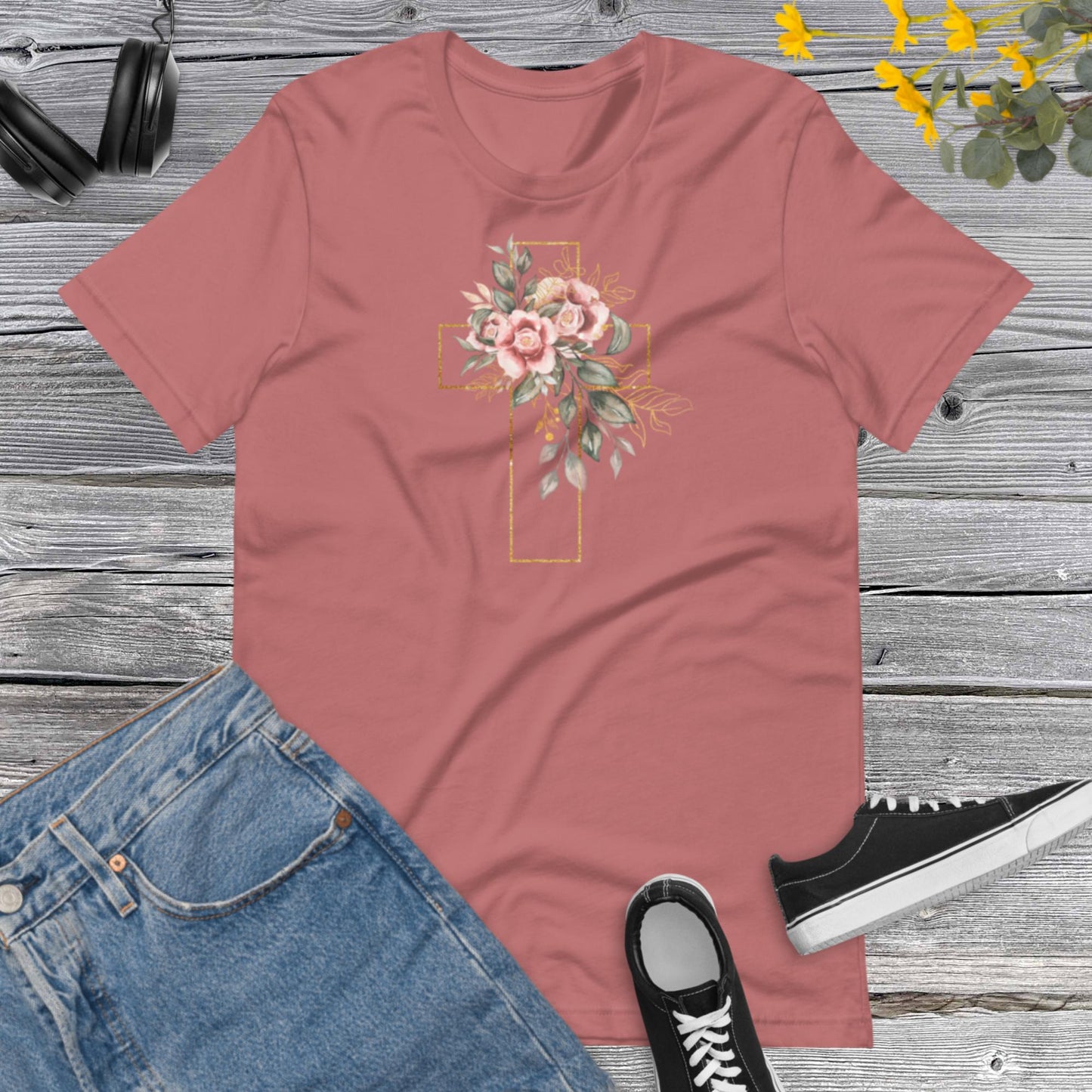 Cross Flower, Watercolor Golden Cross Pink Flowers,  Floral Tee for Women, Christian Gift Shirt, Floral Cross Graphic Unisex t-shirt