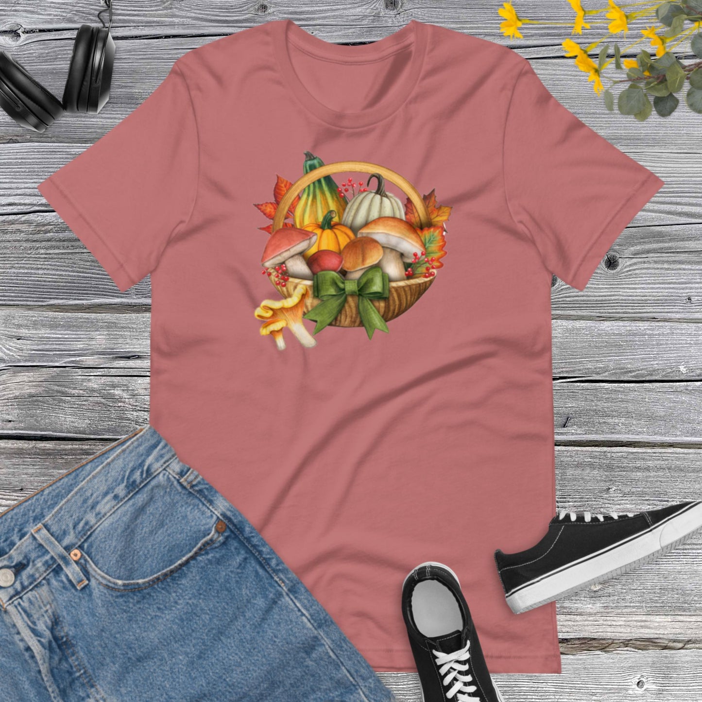 Watercolor Pumpkins and Mushroom, Basket Pretty Fall Watercolor Pumpkins, Hello Fall, Mushroom and Pumpkins Design Unisex t-shirt