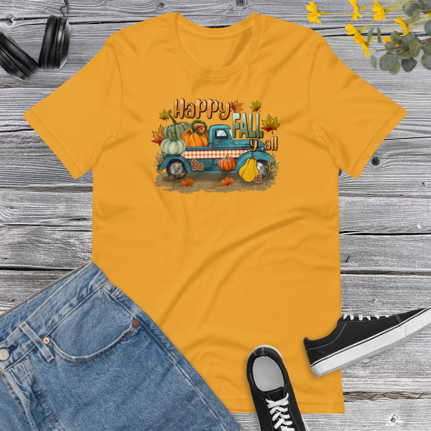 Happy Fall Y all, Fall Harvest on pickup Truck, Fall  Truck, Flowers Pumpkin, Thanksgiving, Pumpkins Unisex t-shirt