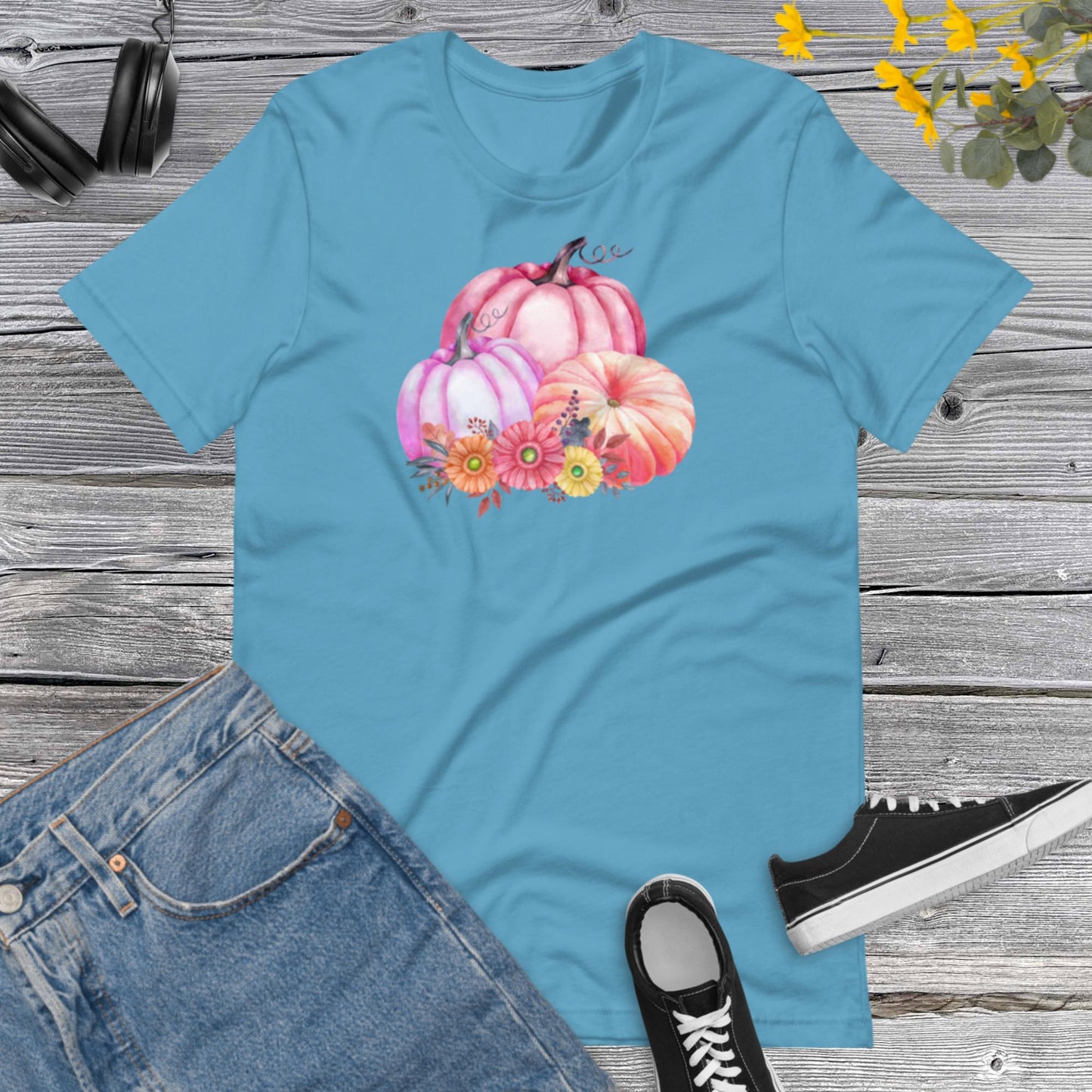 Watercolor Pumpkins Flowers, Pretty Fall Watercolor Pumpkins, Hello Fall, Pink and Orange Pumpkins Design Unisex t-shirt