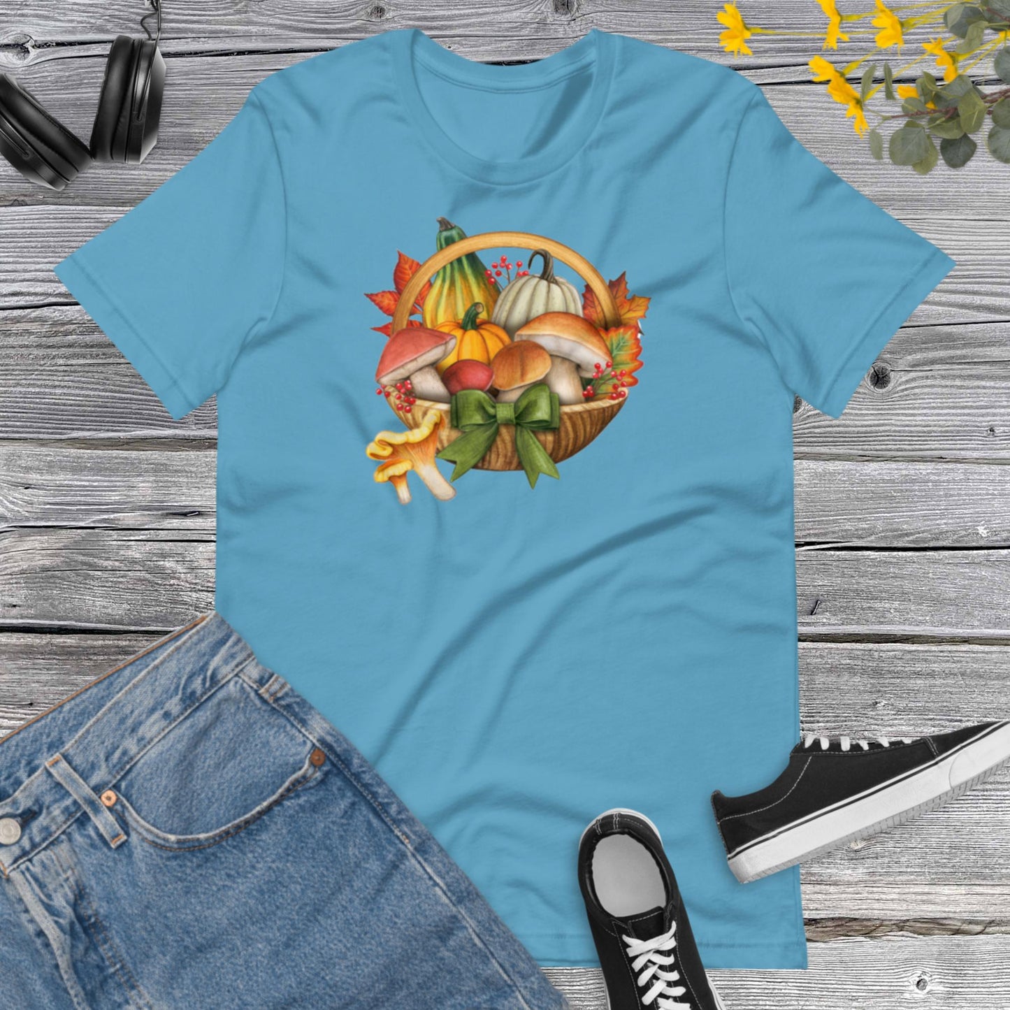 Watercolor Pumpkins and Mushroom, Basket Pretty Fall Watercolor Pumpkins, Hello Fall, Mushroom and Pumpkins Design Unisex t-shirt