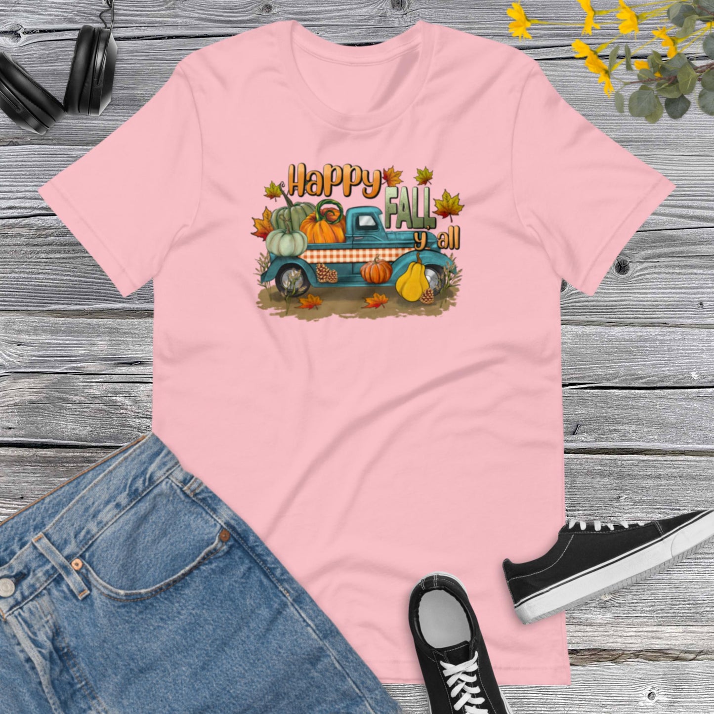 Happy Fall Y all, Fall Harvest on pickup Truck, Fall  Truck, Flowers Pumpkin, Thanksgiving, Pumpkins Unisex t-shirt