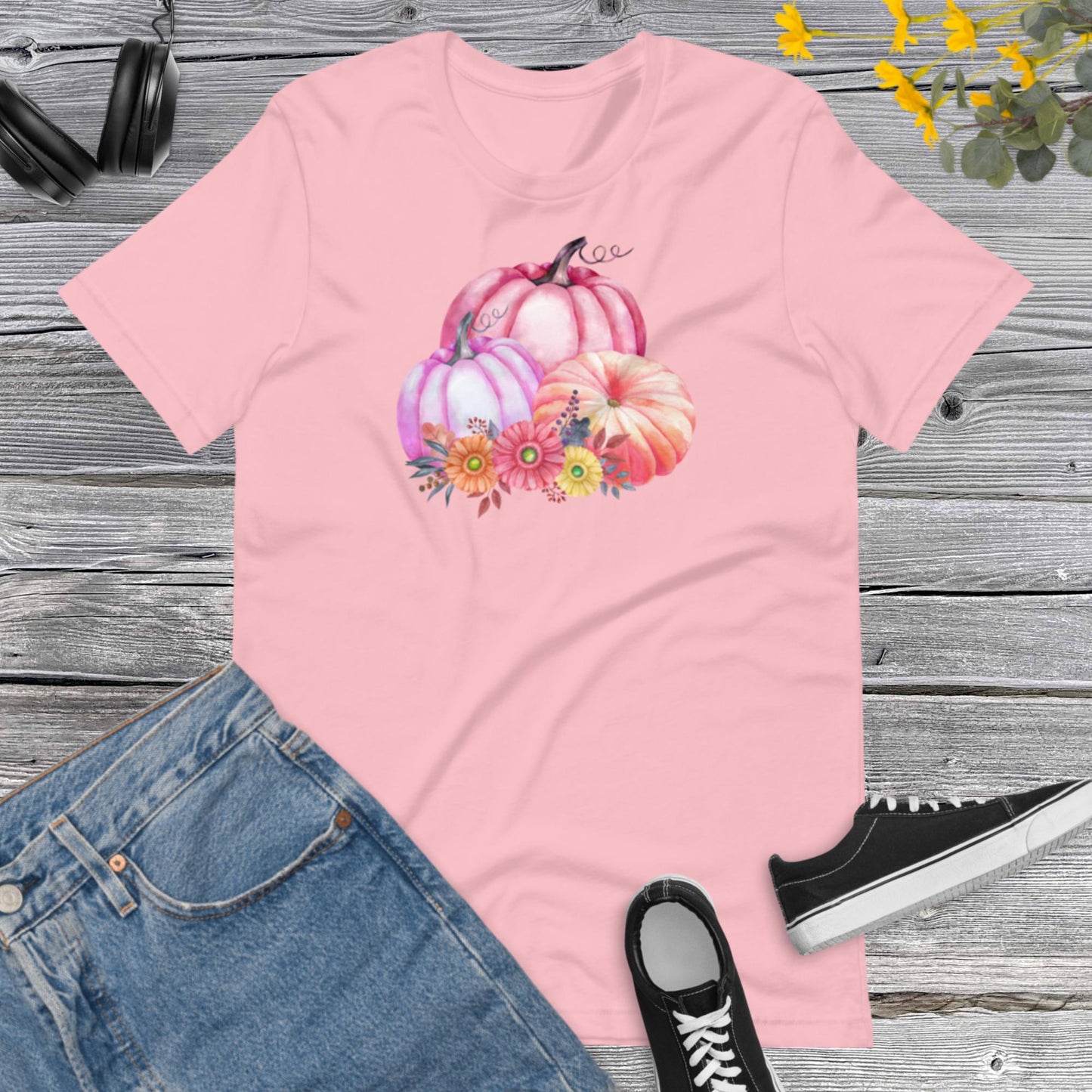 Watercolor Pumpkins Flowers, Pretty Fall Watercolor Pumpkins, Hello Fall, Pink and Orange Pumpkins Design Unisex t-shirt