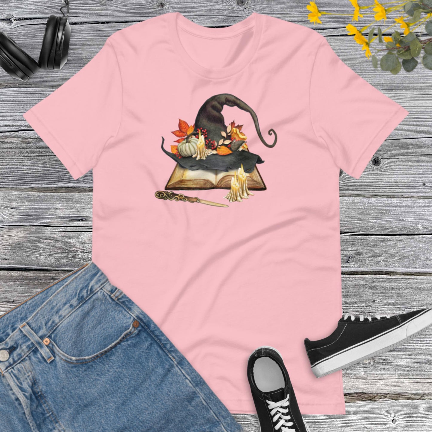 Watercolor Book Witch Hat, Happy Halloween, Fall Watercolor Pumpkins Halloween, Book Lover Gift, Witch Hat, Floral Book Unisex t-shirt