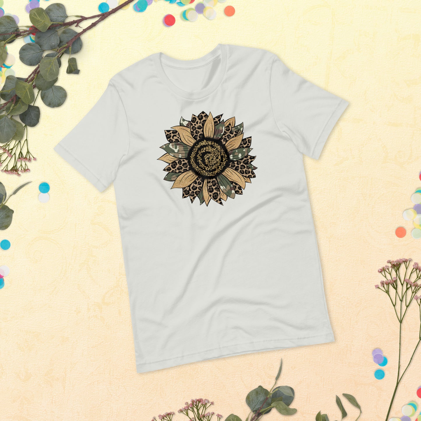 Camo Leopard Sunflower, Army Sunflower,  Sunflower Shirt, Flower Shirt, Daisy, Roses, Nature, Wildflower, Inspirational Unisex t-shirt