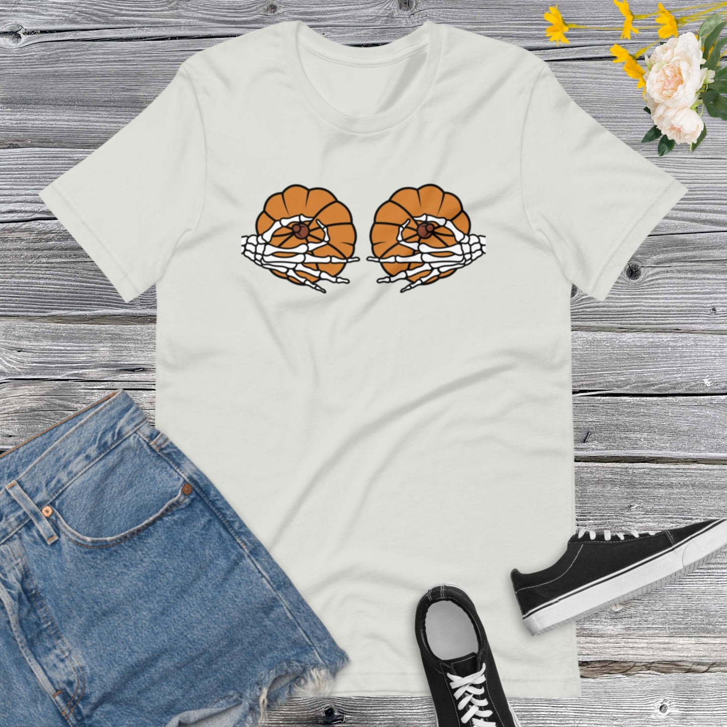 Pumpkin Boobies Shirt, Skeleton Hands Shirt, Funny Halloween Shirt, Thanksgiving Boobies Shirt, Skeleton Unisex t-shirtUnisex t-shirt