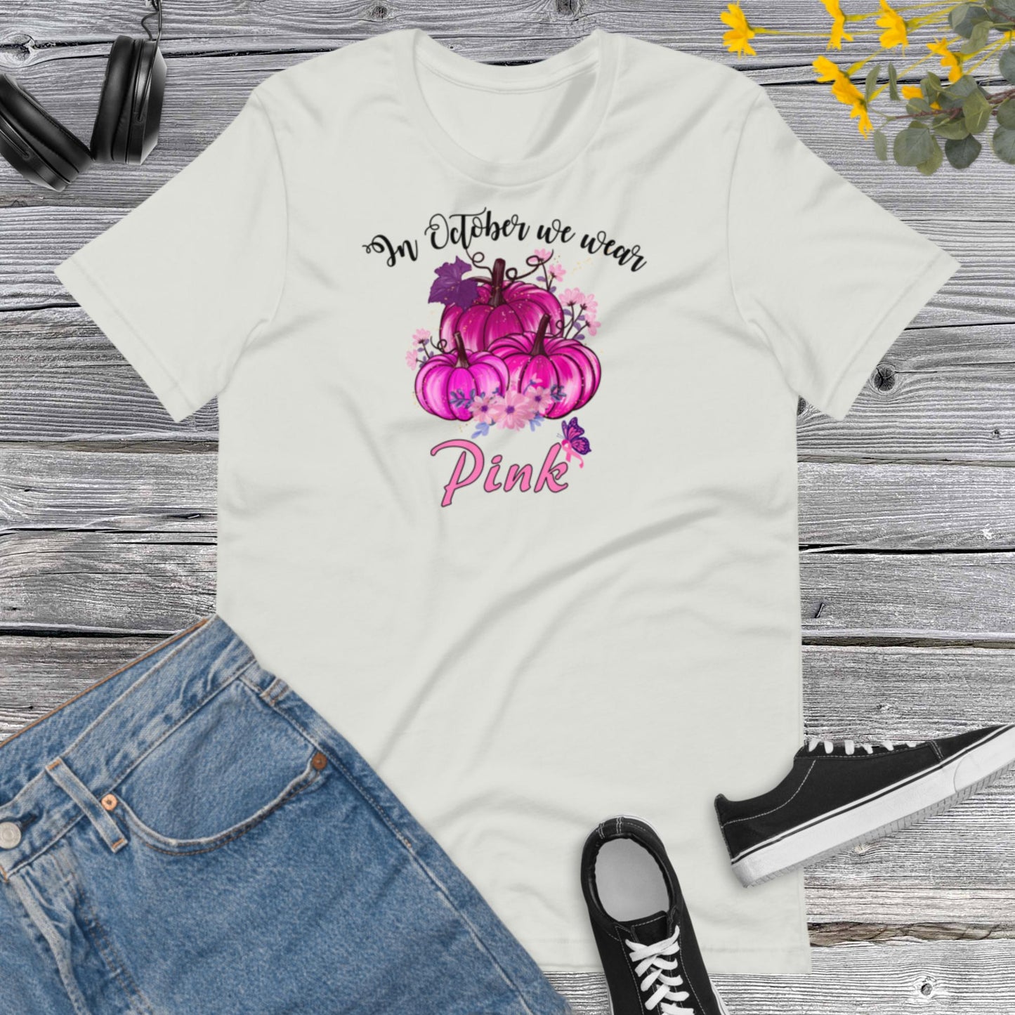 In October we wear Pink, Pink Pumpkin, Watercolor, Pink October,  Autumn Fall Breast Cancer Awareness Unisex t-shirt