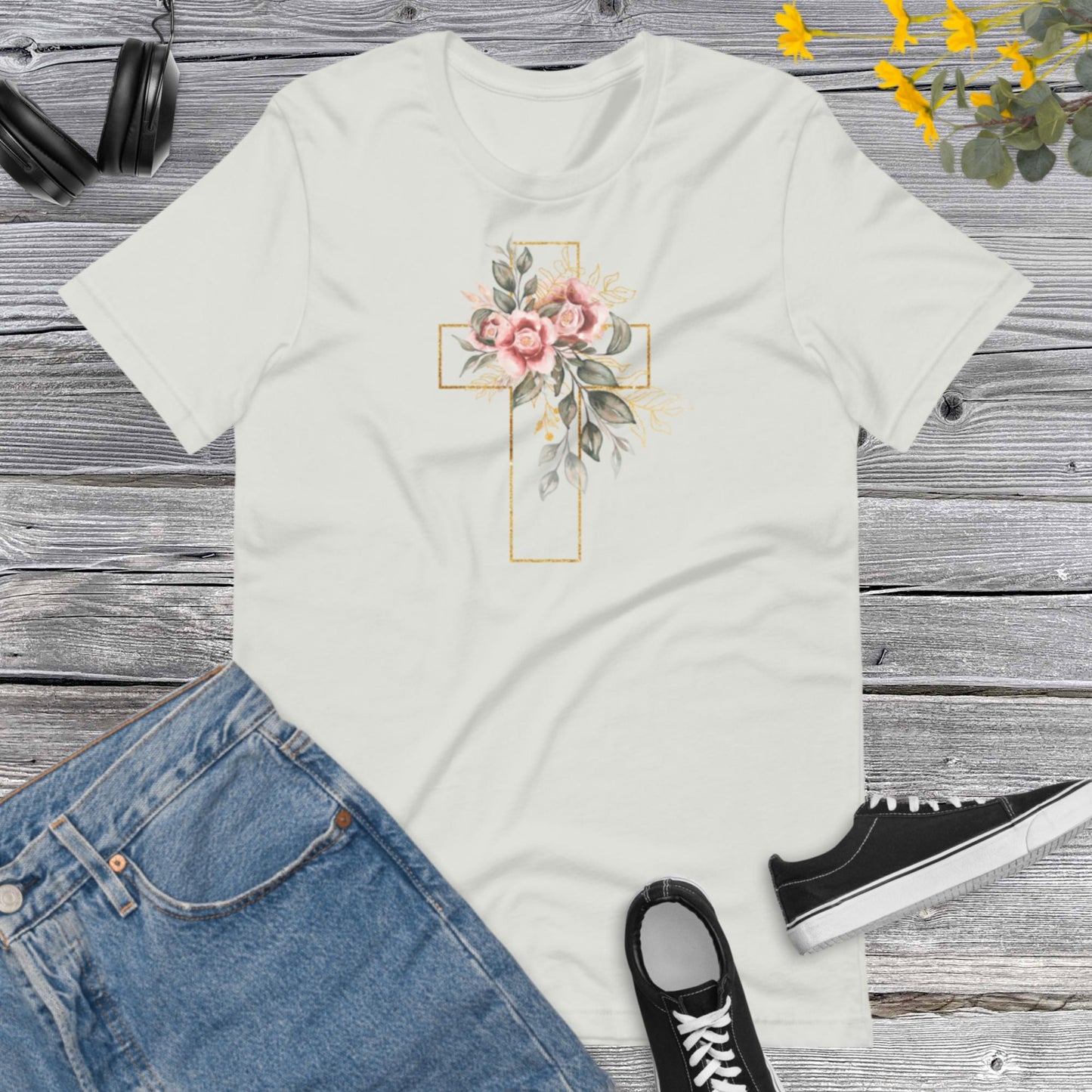 Cross Flower, Watercolor Golden Cross Pink Flowers,  Floral Tee for Women, Christian Gift Shirt, Floral Cross Graphic Unisex t-shirt