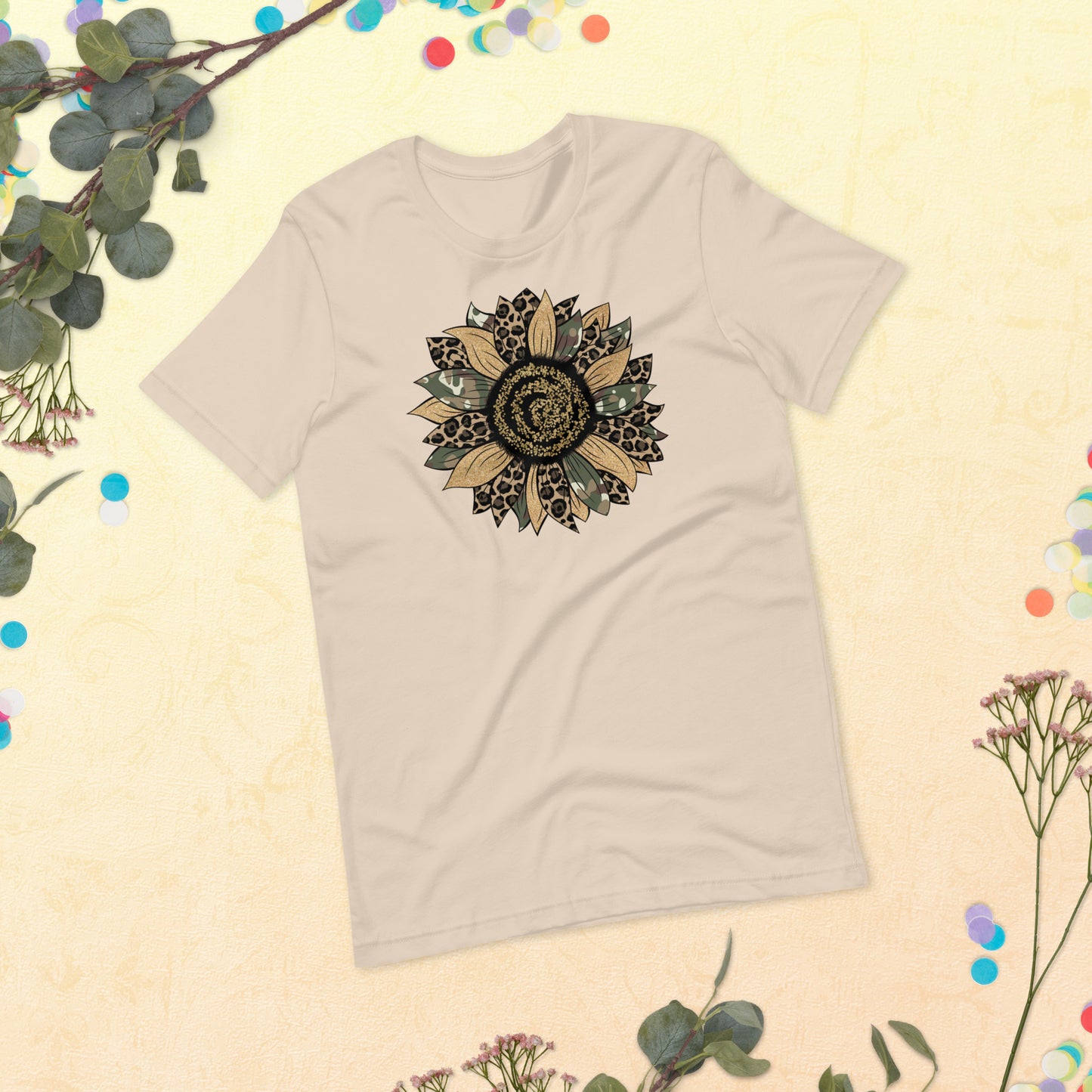 Camo Leopard Sunflower, Army Sunflower,  Sunflower Shirt, Flower Shirt, Daisy, Roses, Nature, Wildflower, Inspirational Unisex t-shirt