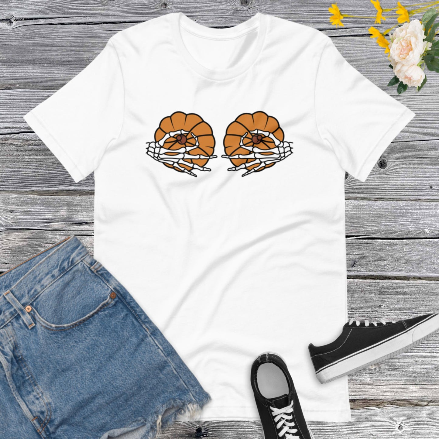 Pumpkin Boobies Shirt, Skeleton Hands Shirt, Funny Halloween Shirt, Thanksgiving Boobies Shirt, Skeleton Unisex t-shirtUnisex t-shirt