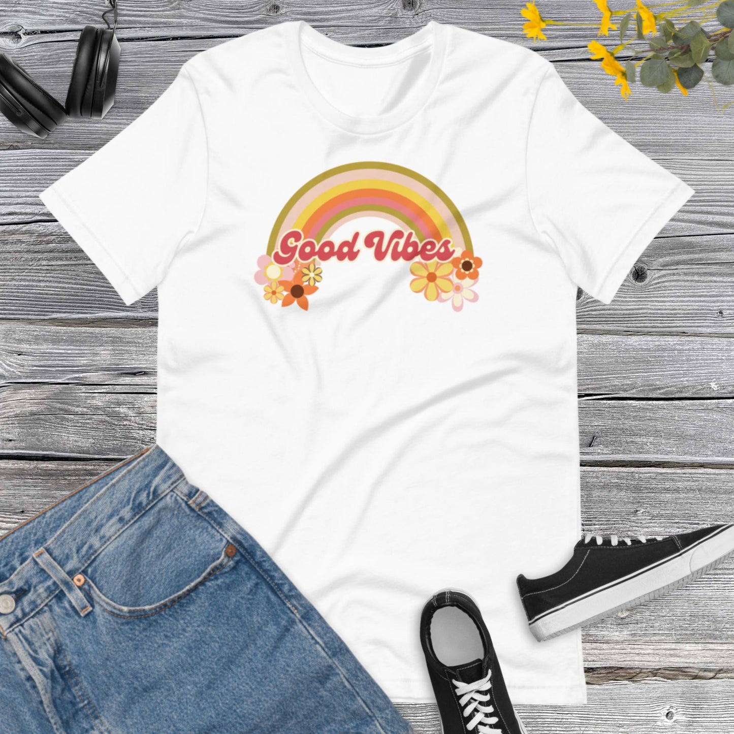 Retro Good Vibes Flowers, Raimbow flowers, Vintage Raimbow, Inspirational Positivity Shirt, Positive Feelings Unisex t-shirt