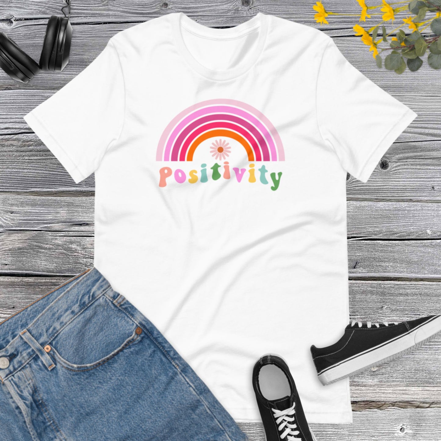 Retro Positivity shirt, Rainbow Inspirational shirt, Positive thinking, kindness shirt, Cute women apparel,  Rainbow flower Unisex t-shirt