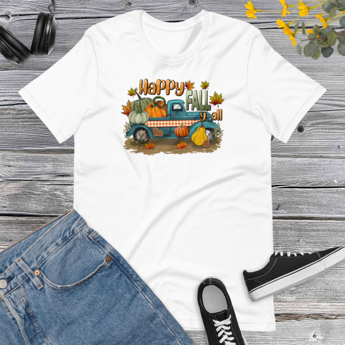 Happy Fall Y all, Fall Harvest on pickup Truck, Fall  Truck, Flowers Pumpkin, Thanksgiving, Pumpkins Unisex t-shirt