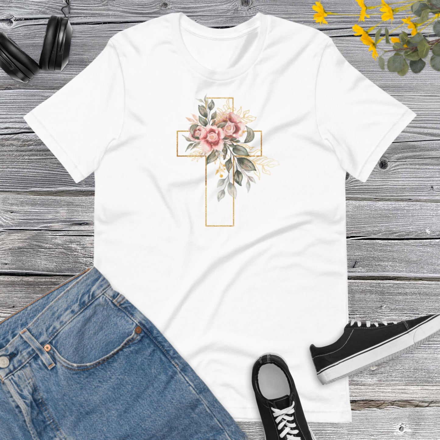 Cross Flower, Watercolor Golden Cross Pink Flowers,  Floral Tee for Women, Christian Gift Shirt, Floral Cross Graphic Unisex t-shirt