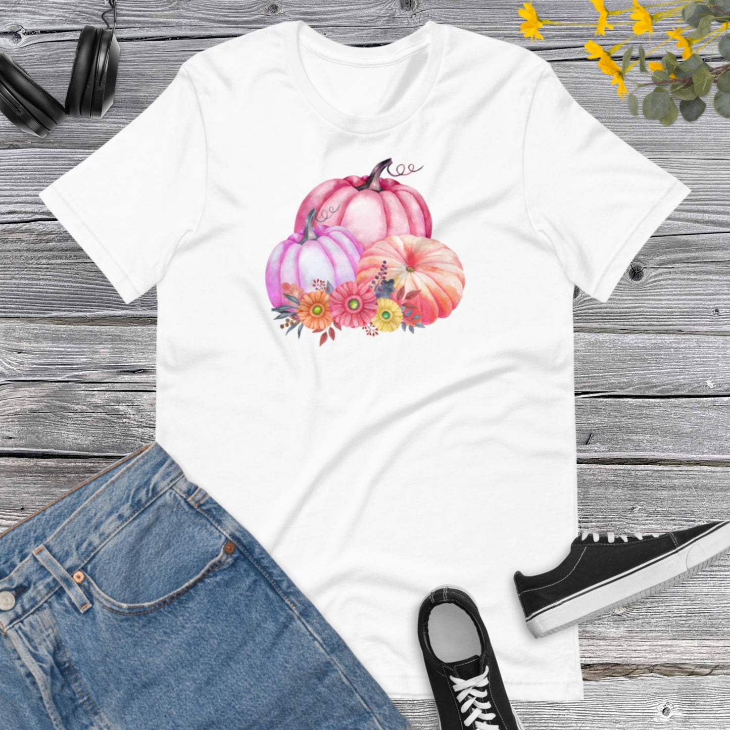 Watercolor Pumpkins Flowers, Pretty Fall Watercolor Pumpkins, Hello Fall, Pink and Orange Pumpkins Design Unisex t-shirt