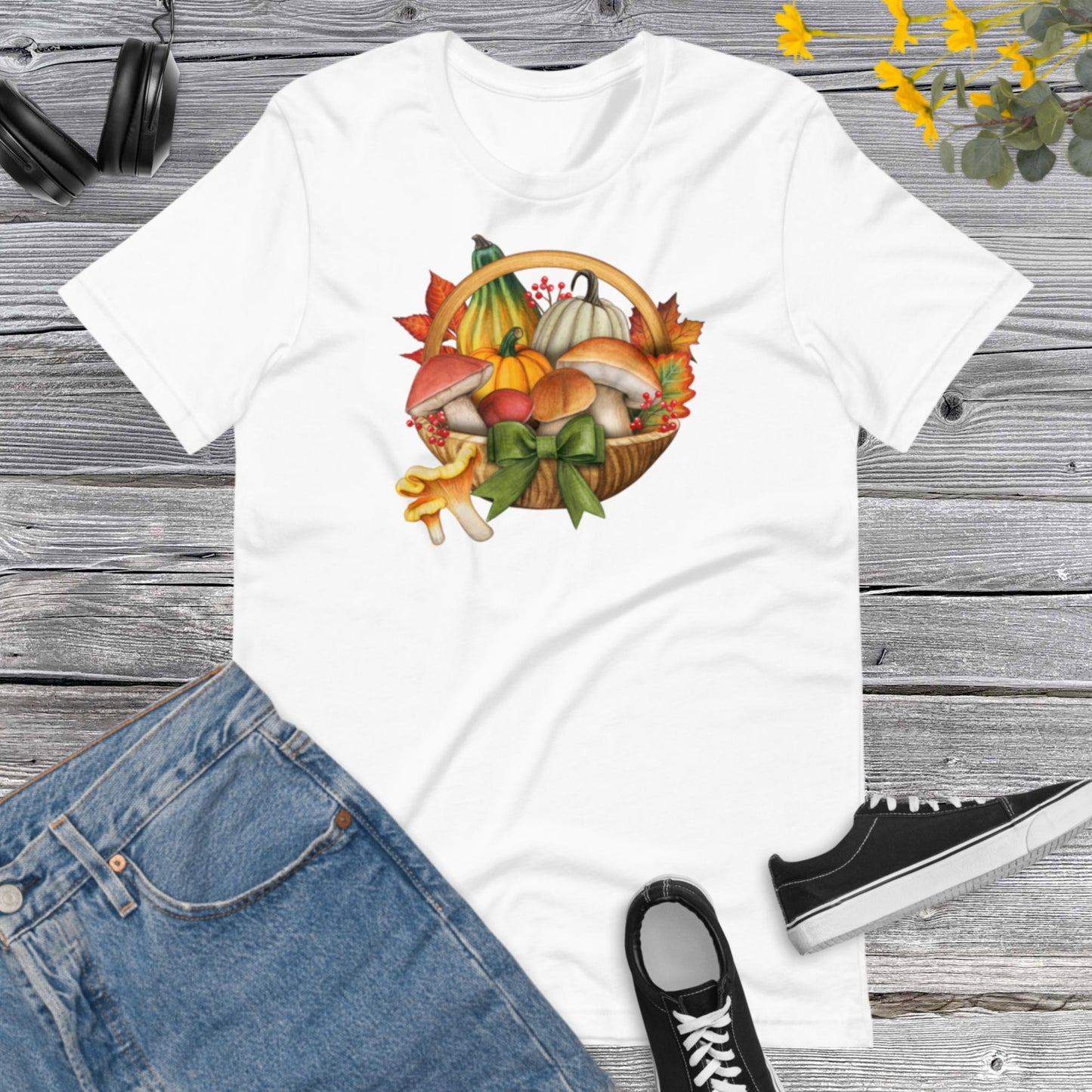 Watercolor Pumpkins and Mushroom, Basket Pretty Fall Watercolor Pumpkins, Hello Fall, Mushroom and Pumpkins Design Unisex t-shirt